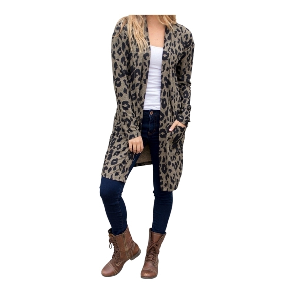 Tickled Teal Leopard Print Open Front Duster Cardigan with Pockets Lightweight